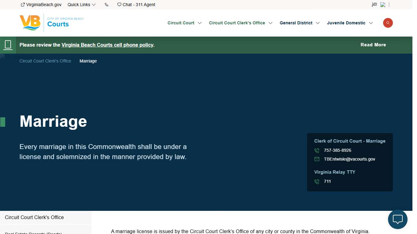 Marriage City of Virginia Beach